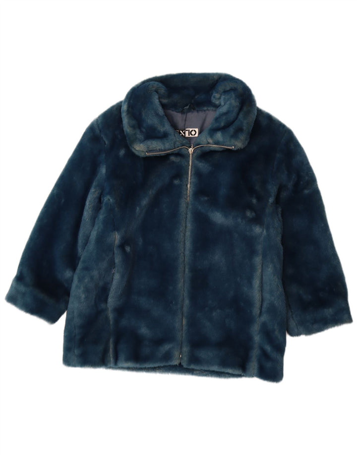 Giacca vintage da donna in pelliccia sintetica UK 12 poliacrilico blu medio