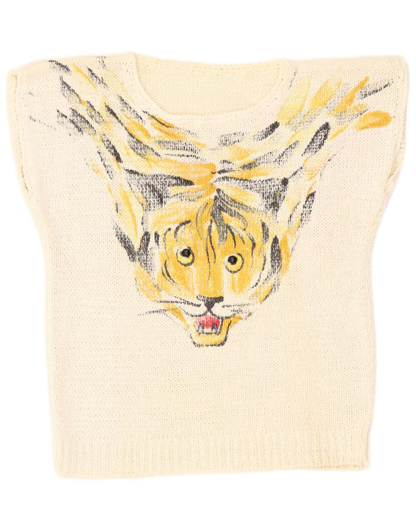 Canotta vintage da donna UK 14 medio bianco sporco stampa animalier