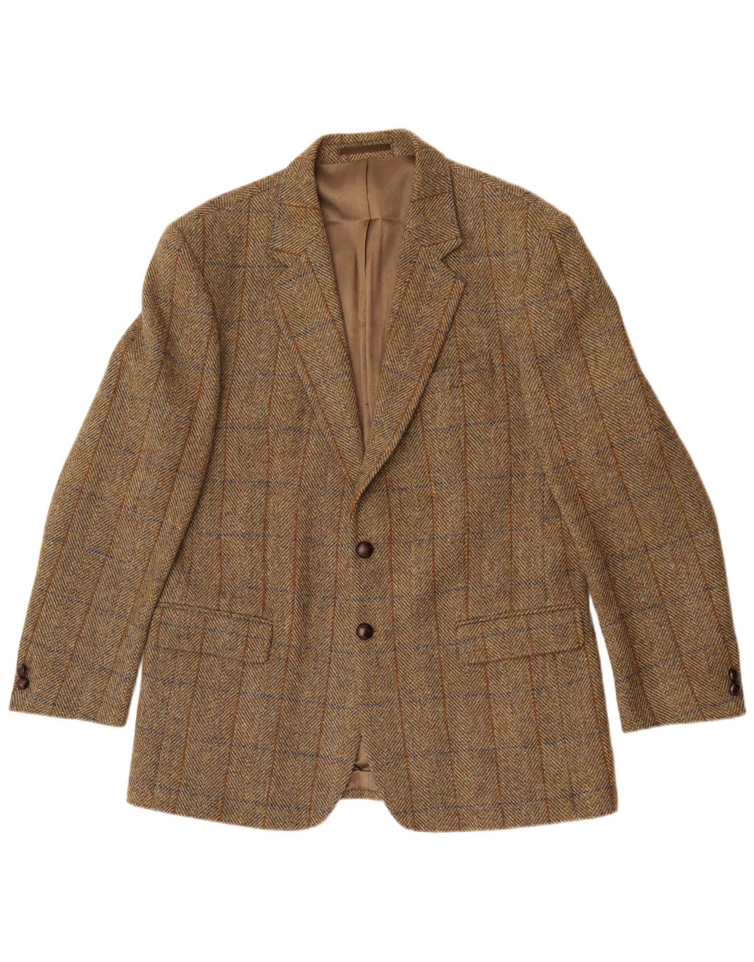Giacca blazer lunga da uomo Harris Tweed UK 42 XL Khaki a spina di pesce