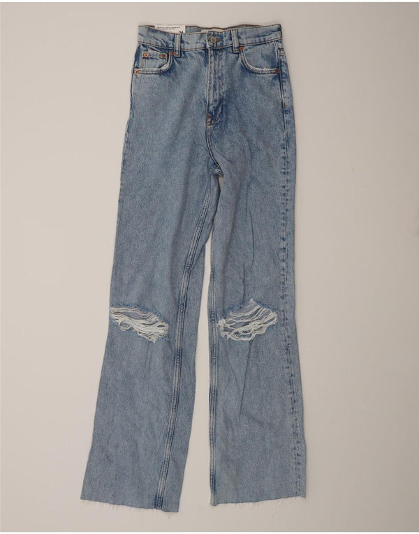Jeans Zara da donna a vita alta effetto consumato a gamba larga EU 34 2XS W24 L32 Blu anni '90