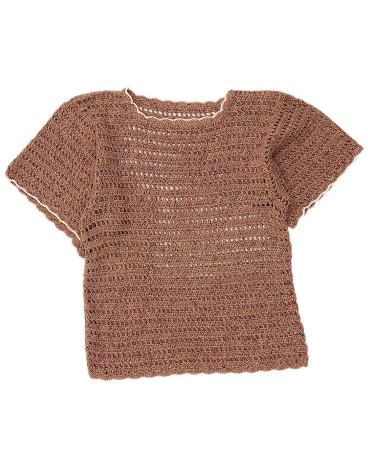 Top camicetta vintage da donna all'uncinetto UK 18 XL Marrone