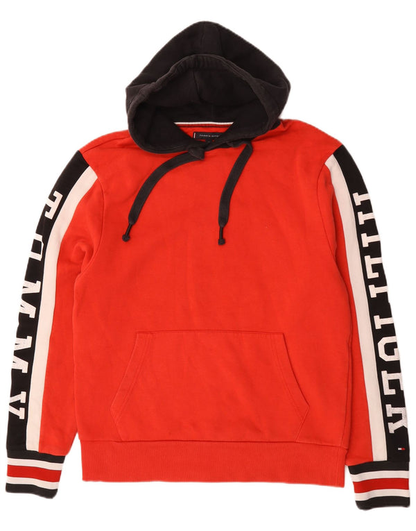 Tommy Hilfiger Mens Graphic Hoodie Jumper Medium Red Colourblock Cotton