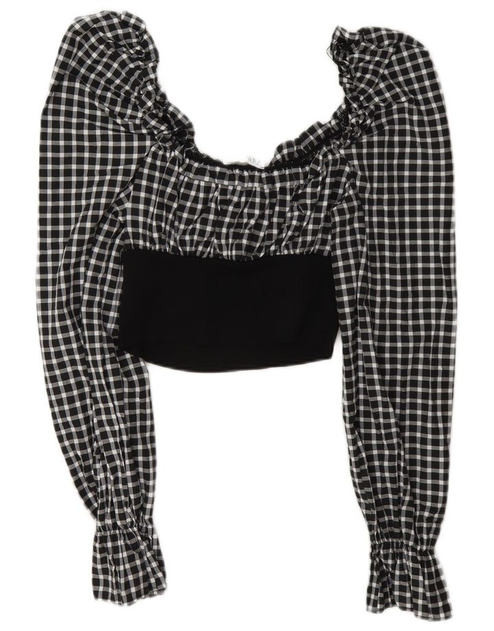 Top corto a maniche lunghe da donna Zara UK 12 medio nero a quadretti in poliammide