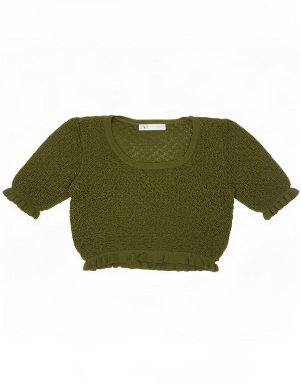 Top Zara da donna in camicetta lavorata a maglia corta UK 12 viscosa kaki media