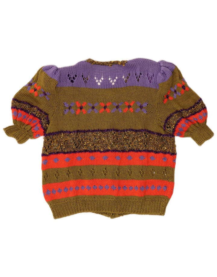 Maglione cardigan a maniche corte da donna vintage UK 14 Colorblock color kaki medio