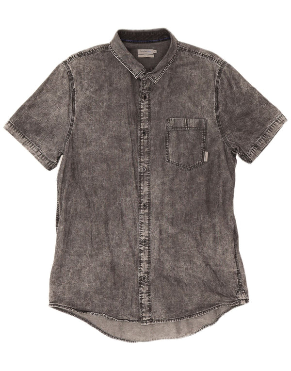 Camicia in denim slim fit a maniche corte da uomo Calvin Klein Jeans XL in cotone grigio