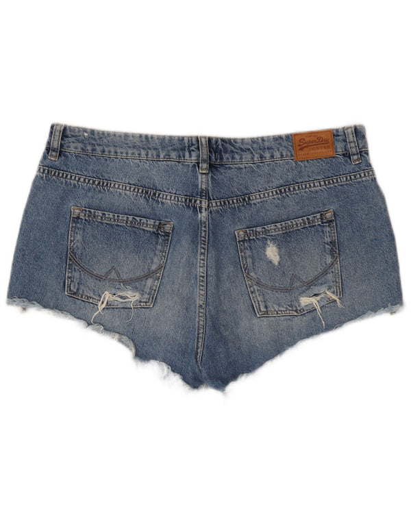 Pantaloncini di jeans invecchiati da donna Superdry W32 grande cotone floreale blu