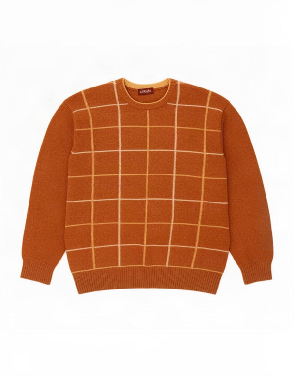 Maglione da uomo girocollo Carrera XL in lana d'agnello a quadri marrone