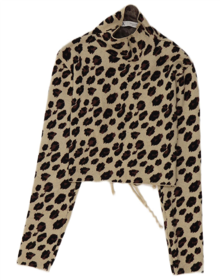 Top Zara a maniche lunghe da donna, corto, camicetta UK 12, beige medio, stampa animalier