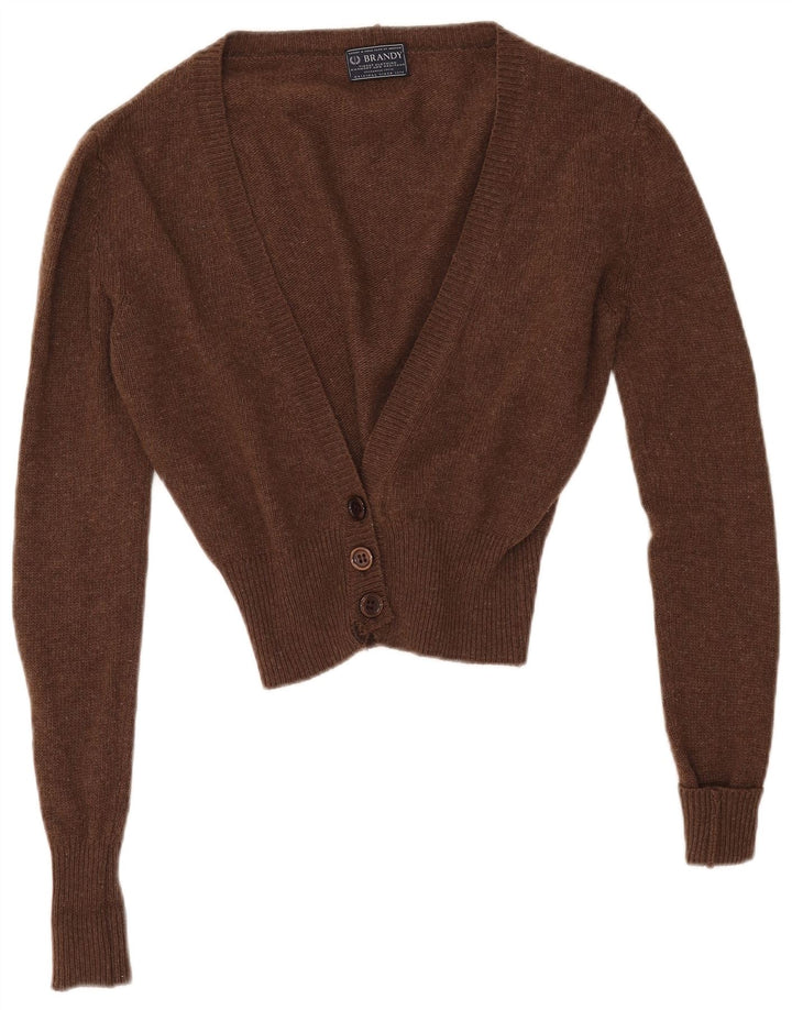 Maglione cardigan corto da donna VINTAGE UK 14 Lana d'agnello marrone medio