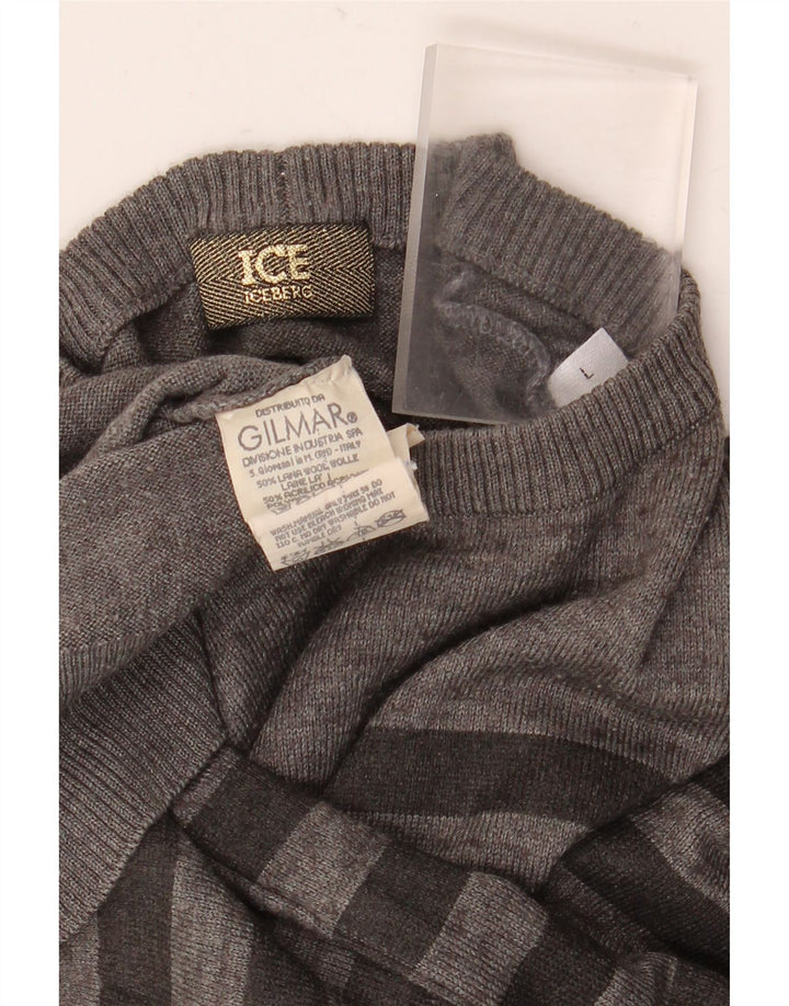 Maglione maglione girocollo da donna Iceberg UK 16 Lana a righe grigie grandi