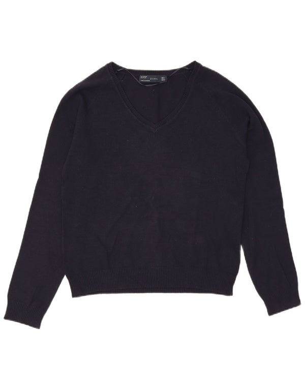 Maglione Zara da donna con scollo a V UK 14 grande cotone blu navy