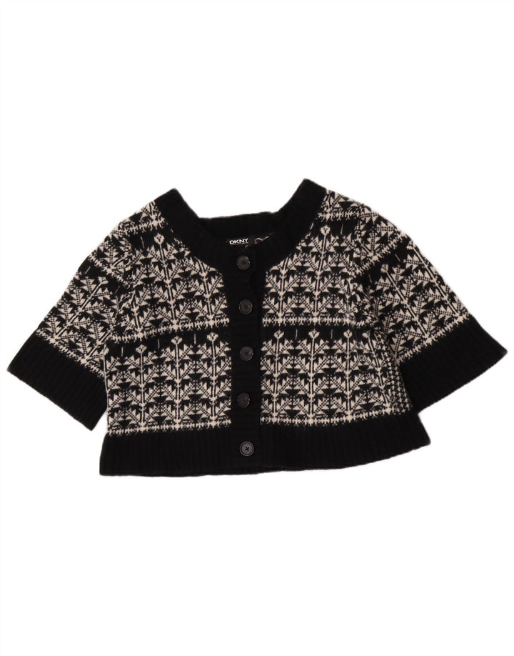 Maglione cardigan corto a maniche corte da donna Dkny UK 12 Medio Nero Fair Isle
