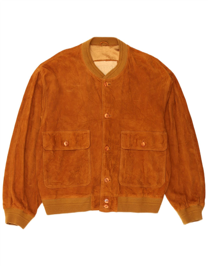 Giubbotto bomber vintage in pelle scamosciata da uomo IT 52 grande in pelle marrone
