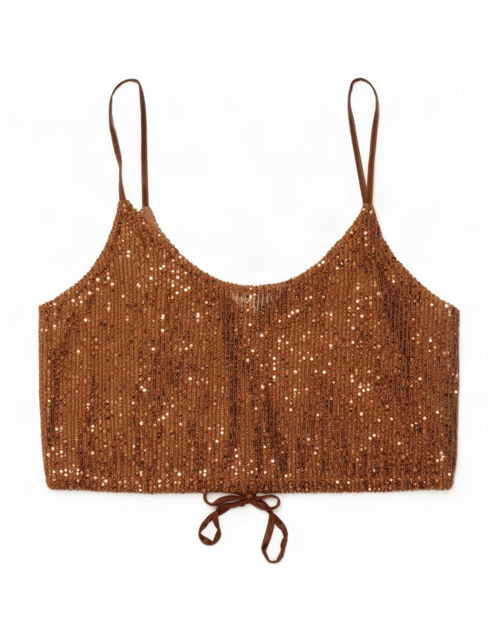 Top corto con paillettes da donna Zara UK 14 grande poliestere marrone