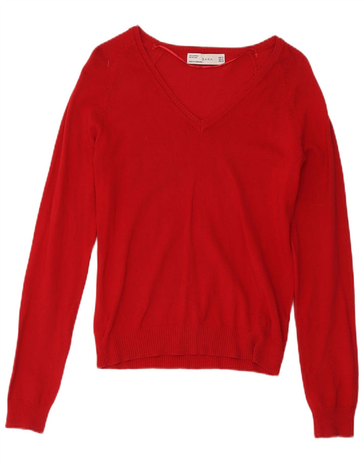 Maglione maglione con scollo a V da donna Zara UK 12 cotone rosso medio