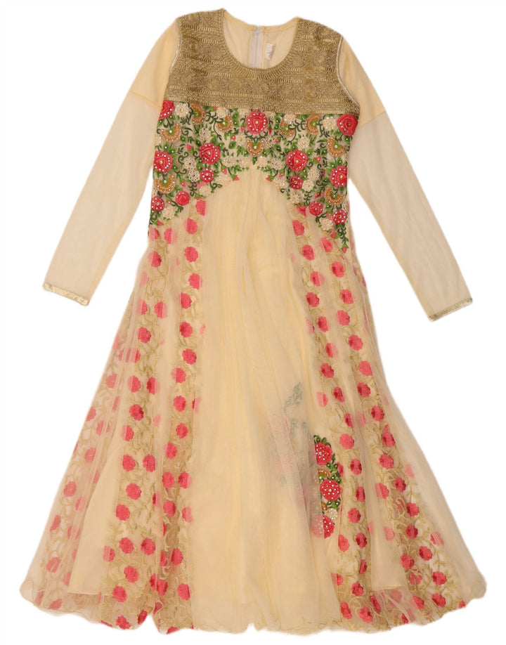 Abito a trapezio a maniche lunghe da donna VINTAGE US 6 Beige medio floreale