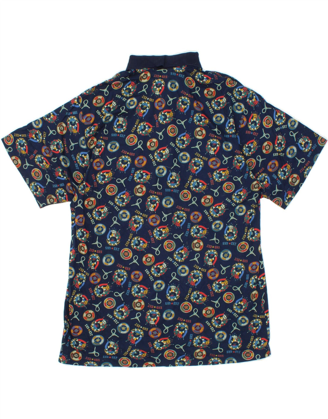 VINTAGE Mens Abstract Pattern Polo Shirt Large Navy Blue Cotton Vintage Vintage and Second-Hand Vintage from Messina Hembry 