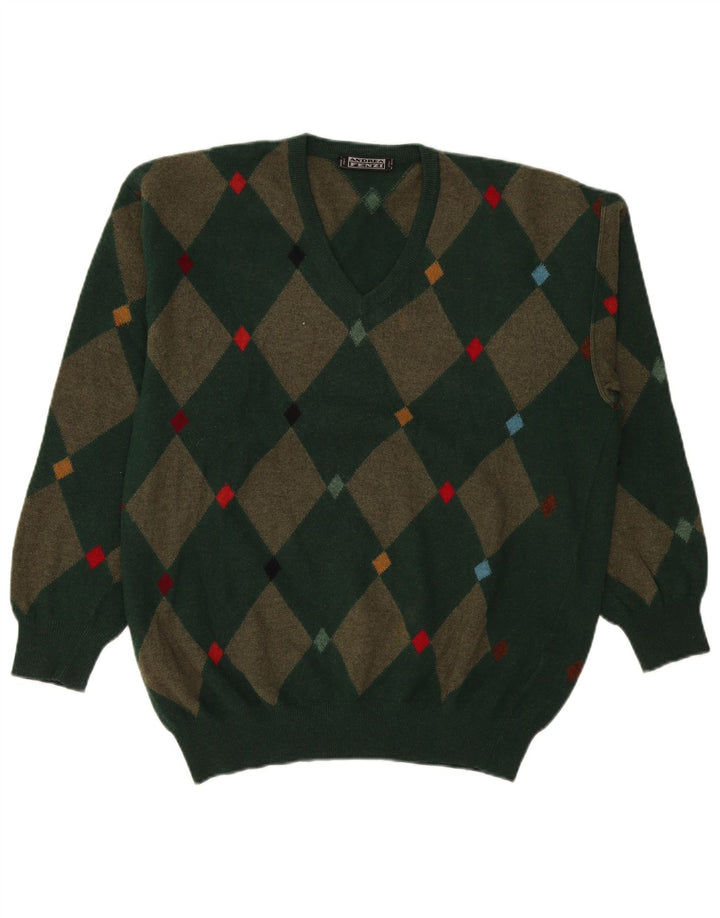 Maglione da uomo con scollo a V Andrea Fenzi IT 50 Verde medio Argyle/Diamante