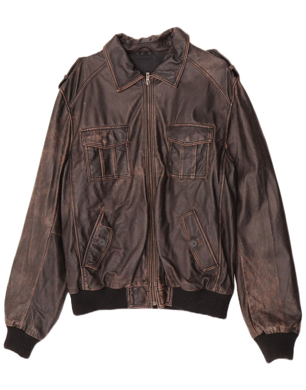 ENJOY Giacca in pelle militare da uomo UK 42 XL in pelle marrone