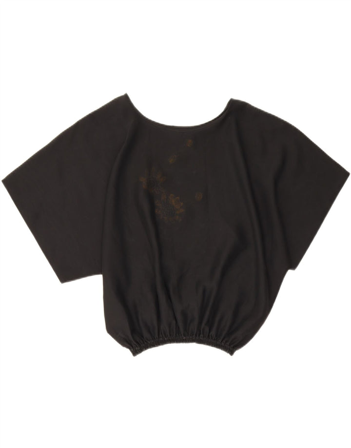 Top corto da donna vintage in camicetta UK 16 grande poliestere floreale nero