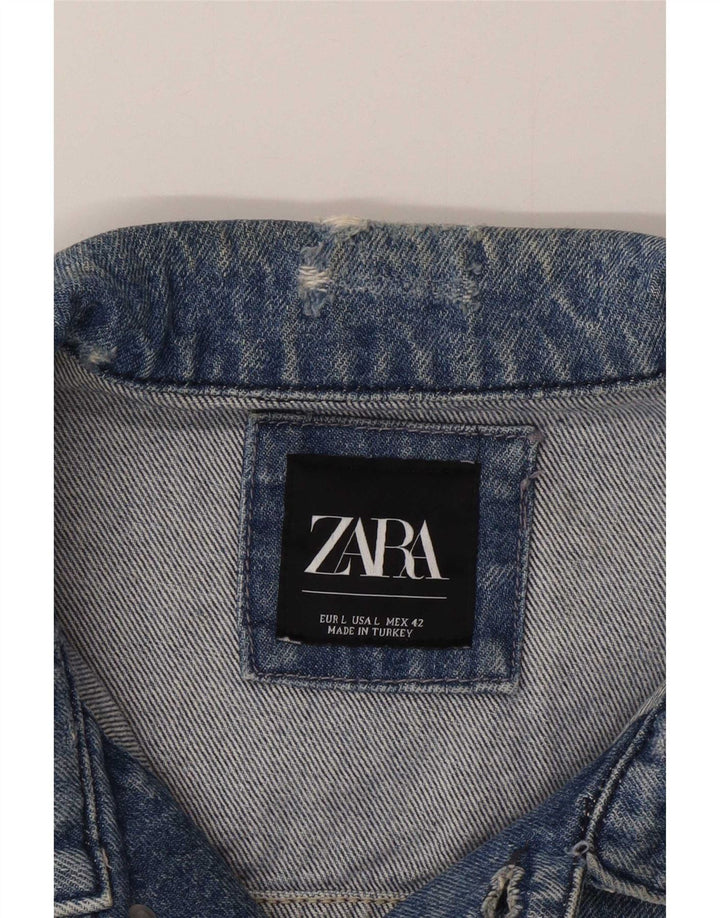 Giacca in denim invecchiato con grafica artista Zara da uomo UK 42 grande patchwork blu