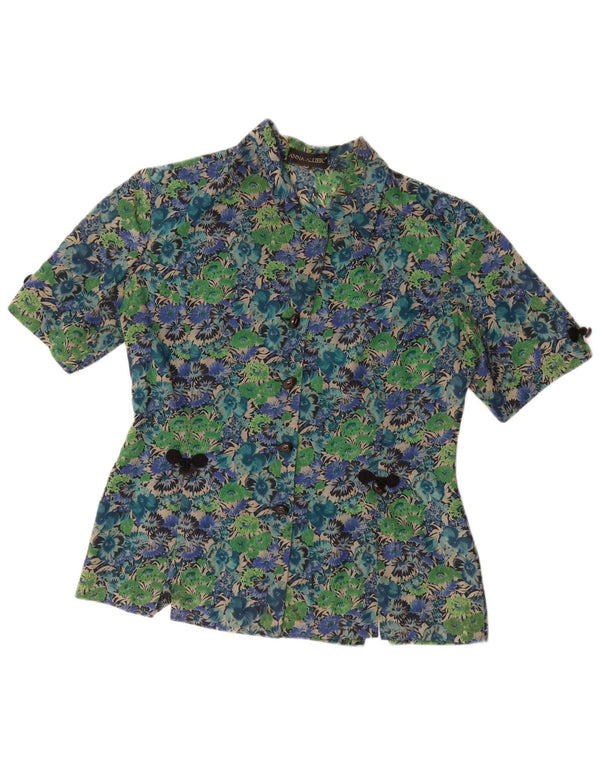 Camicetta camicia a maniche corte da donna vintage UK 14 Acetato floreale verde grande