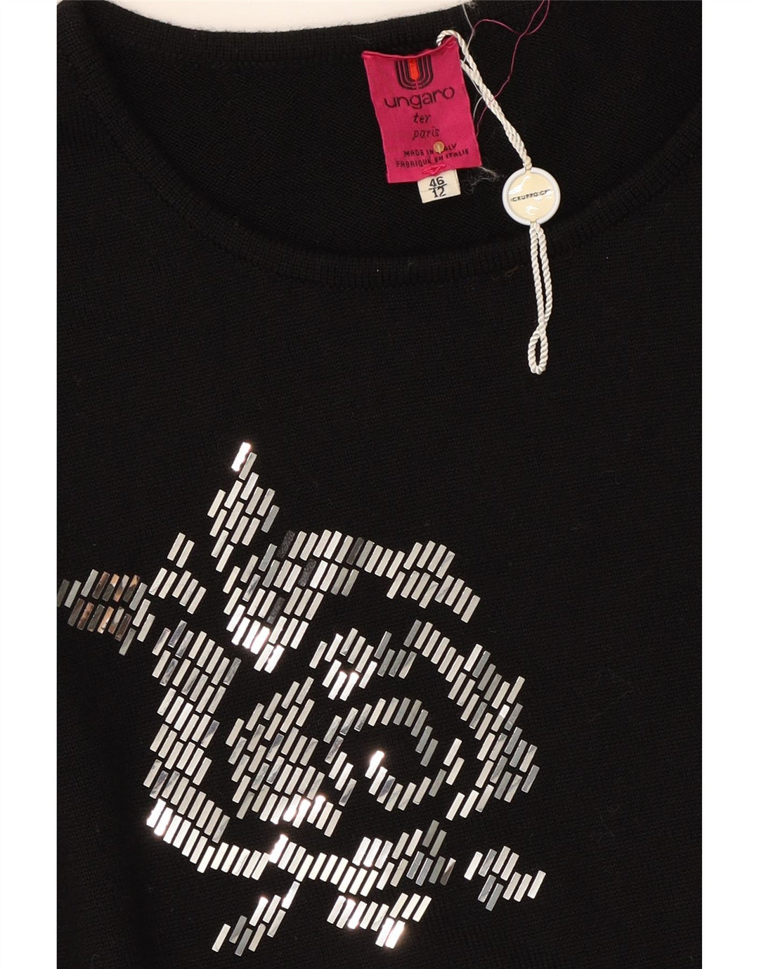 UNGARO Womens Graphic Boat Neck Jumper Sweater IT 46 Large Black Wool Vintage Ungaro and Second-Hand Ungaro from Messina Hembry 