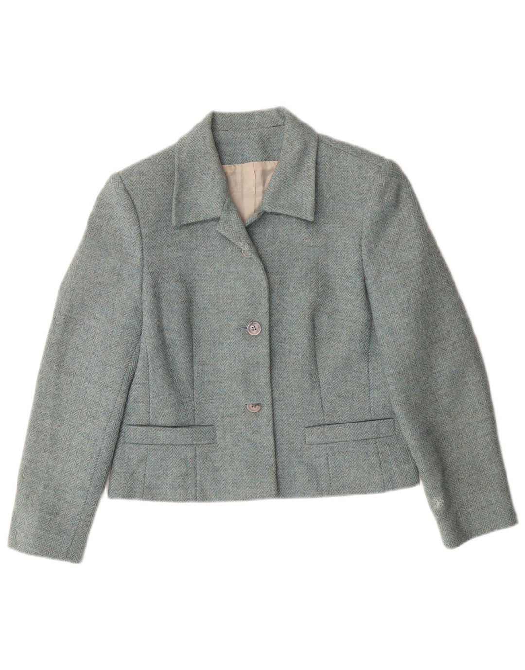 LAURA ASHLEY Giacca blazer a 3 bottoni corta da donna UK 12 Lana blu medio