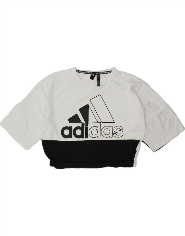 ADIDAS Womens Graphic Short Sleeve Sweatshirt Jumper UK 12/14 Medium White Vintage Adidas and Second-Hand Adidas from Messina Hembry 