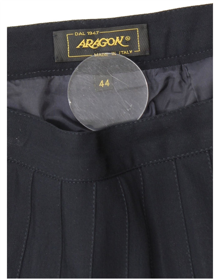 Gonna a pieghe da donna VINTAGE IT 44 media W28 blu navy in lana vergine