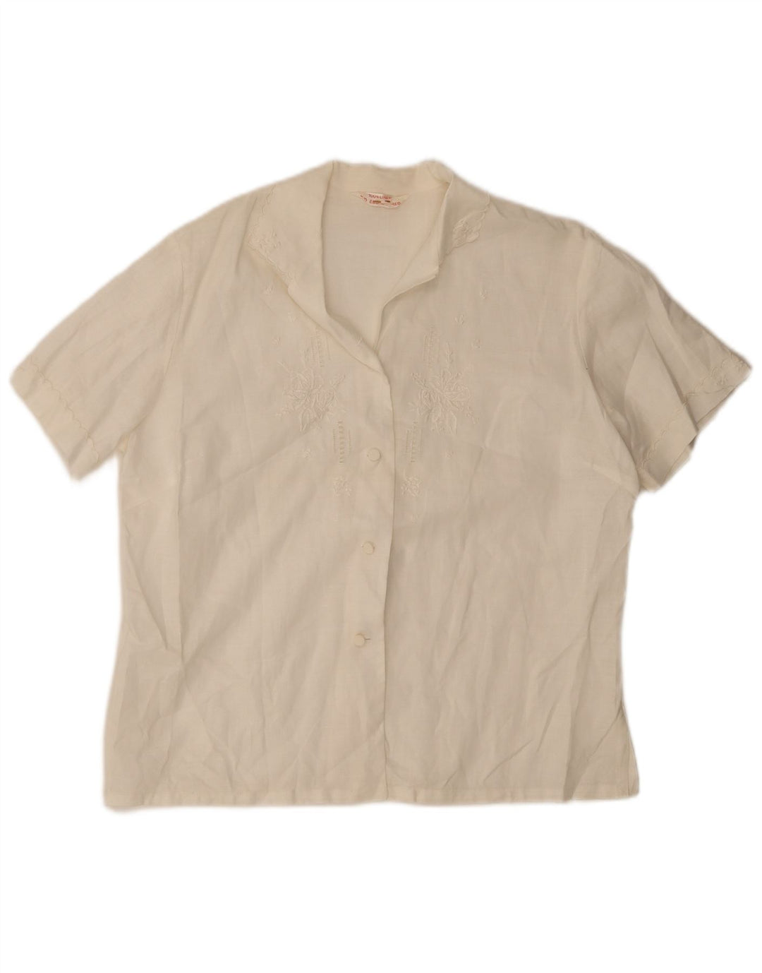 Camicia a maniche corte da donna vintage IT 42 Lino floreale bianco medio