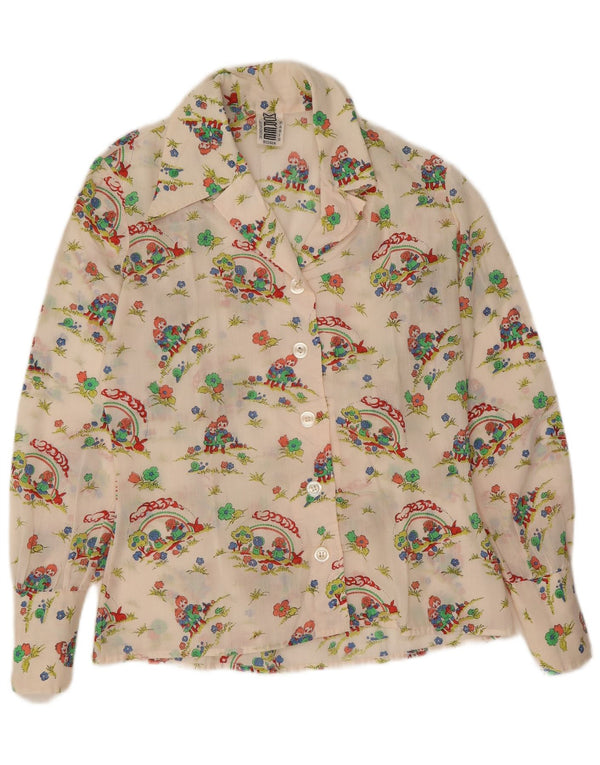 Camicia grafica da donna vintage UK 14 cotone floreale bianco medio