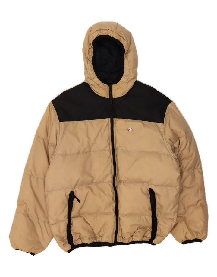 CHAMPION Mens Hooded Padded Jacket UK 38 Medium Beige Colourblock Vintage Champion and Second-Hand Champion from Messina Hembry 
