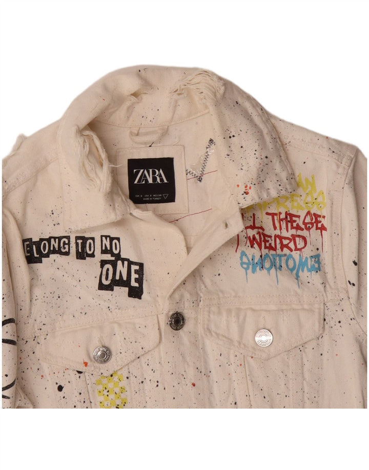 Giacca in denim grafico da uomo Zara UK 36 piccolo cotone chiazzato bianco