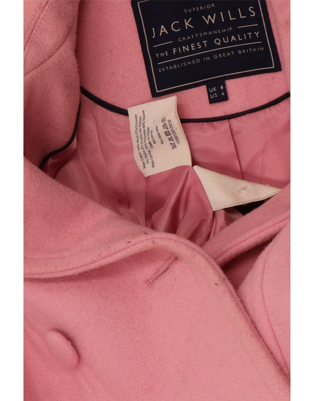 JACK WILLS Cappotto doppiopetto da donna UK 8 piccolo in lana rosa