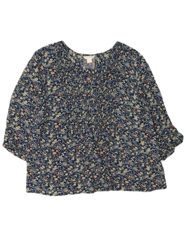 Monsoon Camicetta da donna con maniche a 3/4 Top UK 16 Grande viscosa floreale blu navy