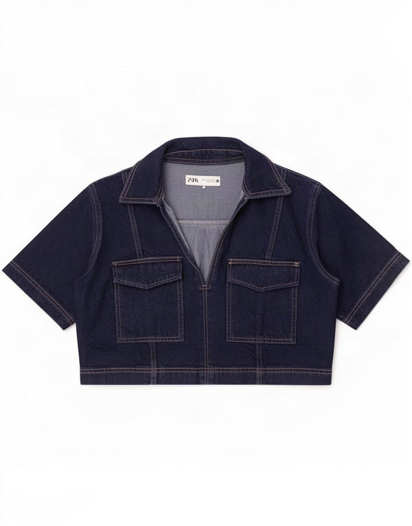 Top corto in denim oversize da donna Zara UK 10 piccolo in cotone blu navy