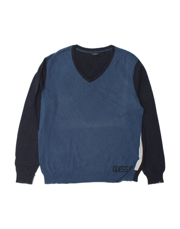 GUESS Mens Graphic V-Neck Jumper Sweater Large Navy Blue Colourblock
