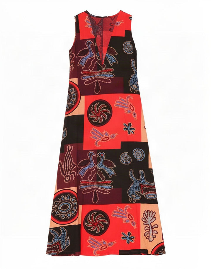 Abito lungo senza maniche da donna vintage UK 10 Piccolo patchwork multicolore
