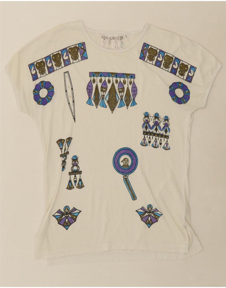 VINTAGE Womens Graphic T-Shirt Top UK 14 Medium White Cotton Vintage Vintage and Second-Hand Vintage from Messina Hembry 