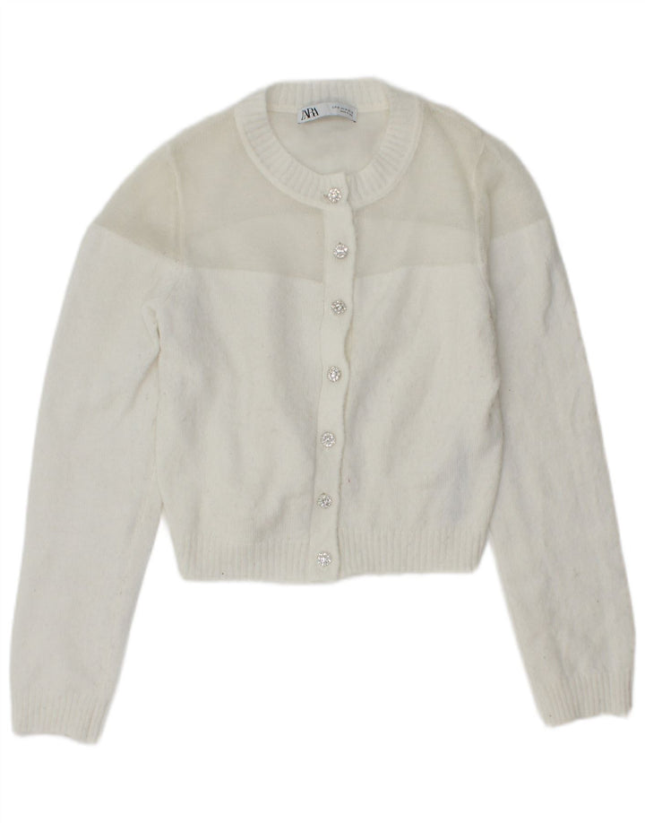 Maglione cardigan corto da donna Zara UK 12 poliestere bianco medio