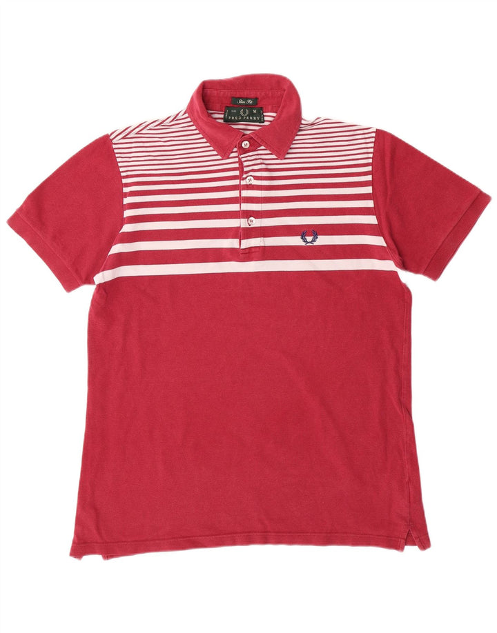 FRED PERRY Mens Slim Fit Polo Shirt Medium Maroon Striped Cotton