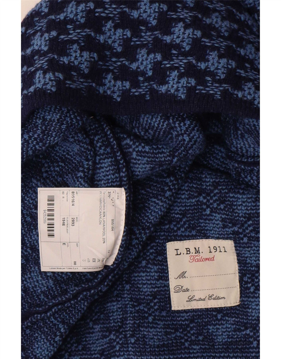 Maglione cardigan vintage da uomo IT 50 in lana pied de poule blu medio