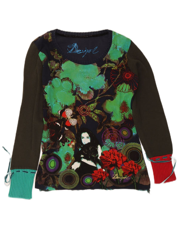 Desigual Donna Graphic Top Manica Lunga UK 14 Grande Blu Navy Floreale