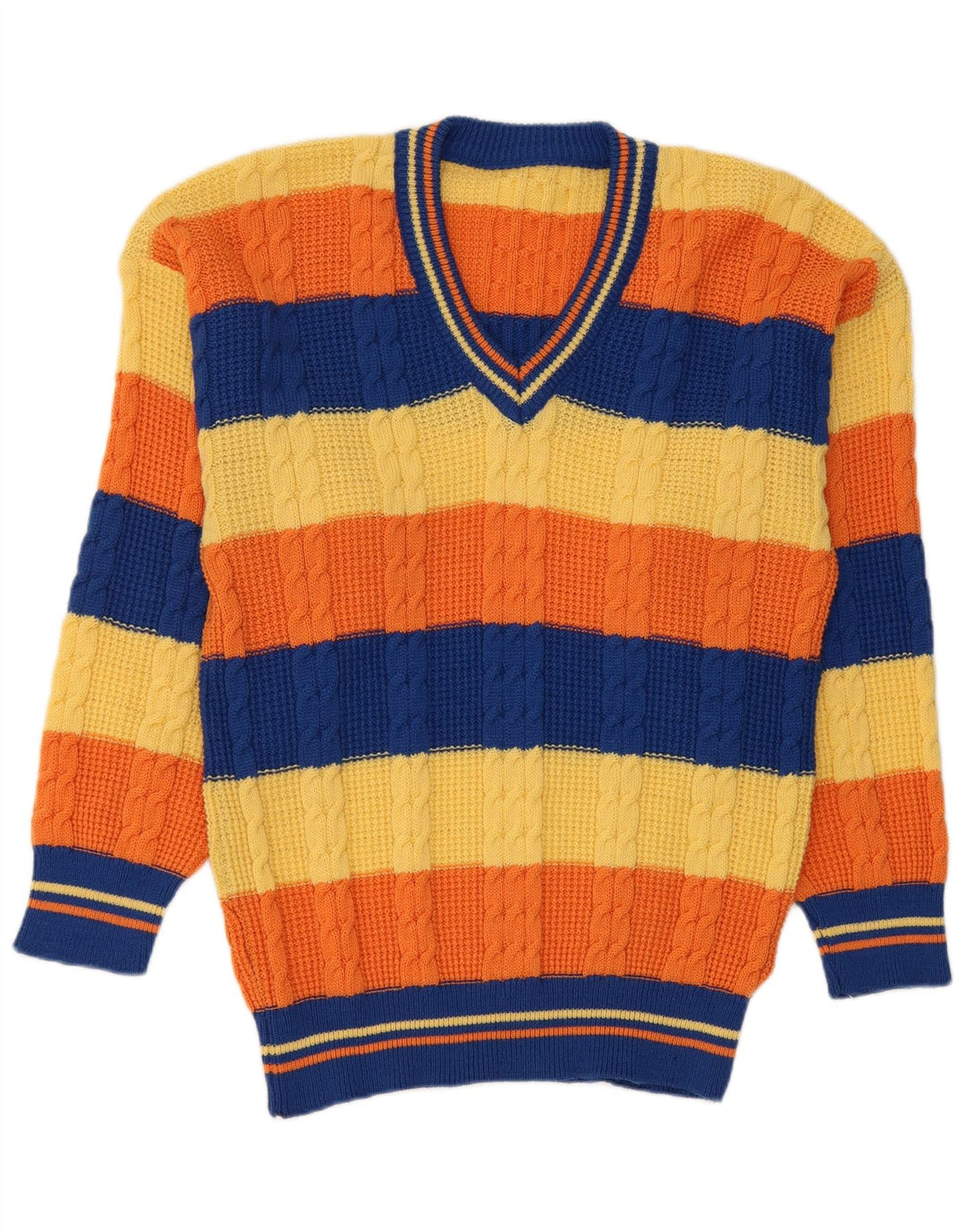 Maglione vintage da uomo con scollo a V a righe multicolori medie