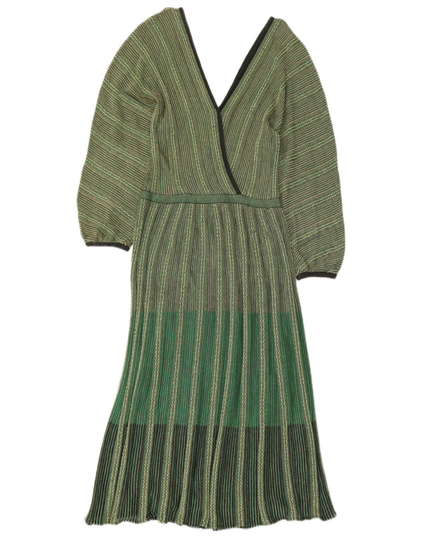 Abito lungo da donna vintage a maniche lunghe in maglia IT 42 a righe verde medio