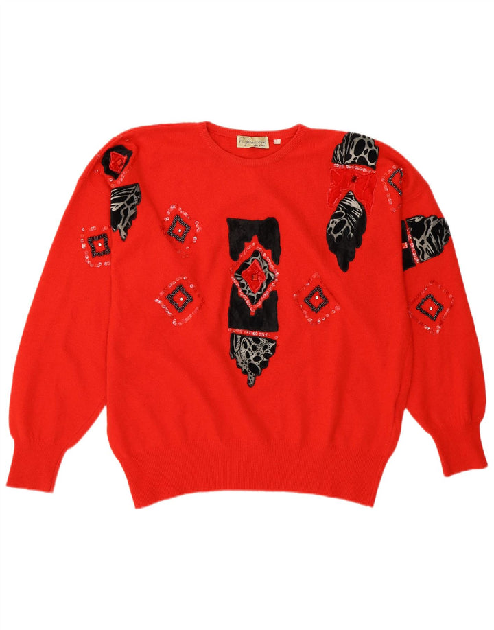 Maglione maglione girocollo con grafica vintage da donna UK 10 piccolo rosso geometrico