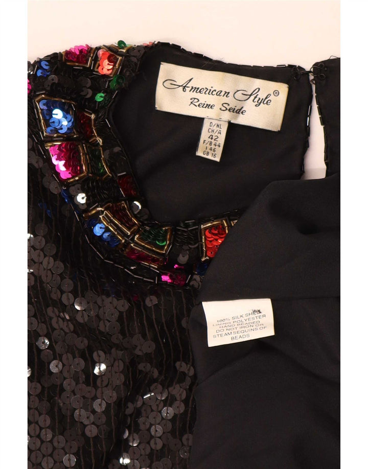 Top camicetta con paillettes vintage da donna UK 16 grande seta nera