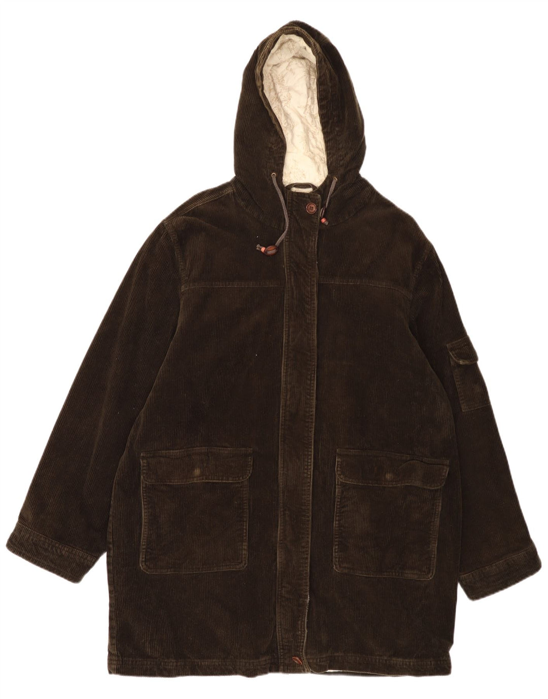 EDDIE BAUER Cappotto oversize da donna in velluto a coste con cappuccio UK 16 Grande cotone kaki